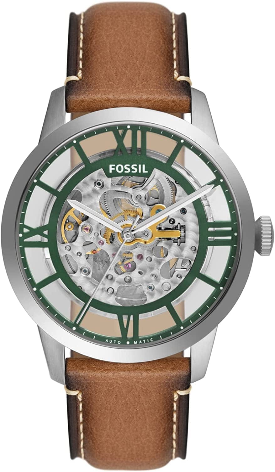 Fossil Men'S Townsman Stainless Steel Mechanical Automatic Watch Silver/Green, Brown