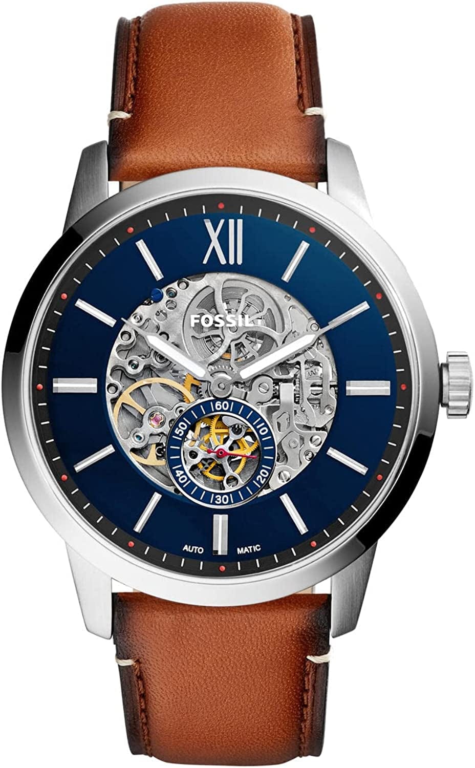 Fossil Men'S Townsman Stainless Steel Mechanical Automatic Watch Silver/Blue, Brown