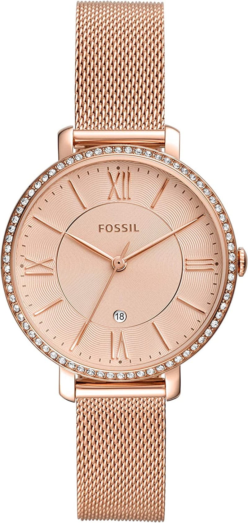 Fossil Women'S Jacqueline Quartz Stainless Steel Dress Watch Rose Gold Glitz Mesh