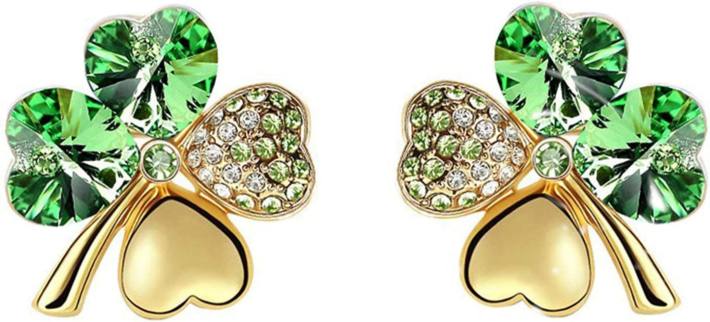 Four Leaf Clover Necklace - Green St.Patrick'S Day Earrings for Women - Shamrock Earrings - Irish Jewelry - Shamrock Pin Brooch - Green Clover Necklace, Earrings, Bracelet, Brooch - Gold Earrings