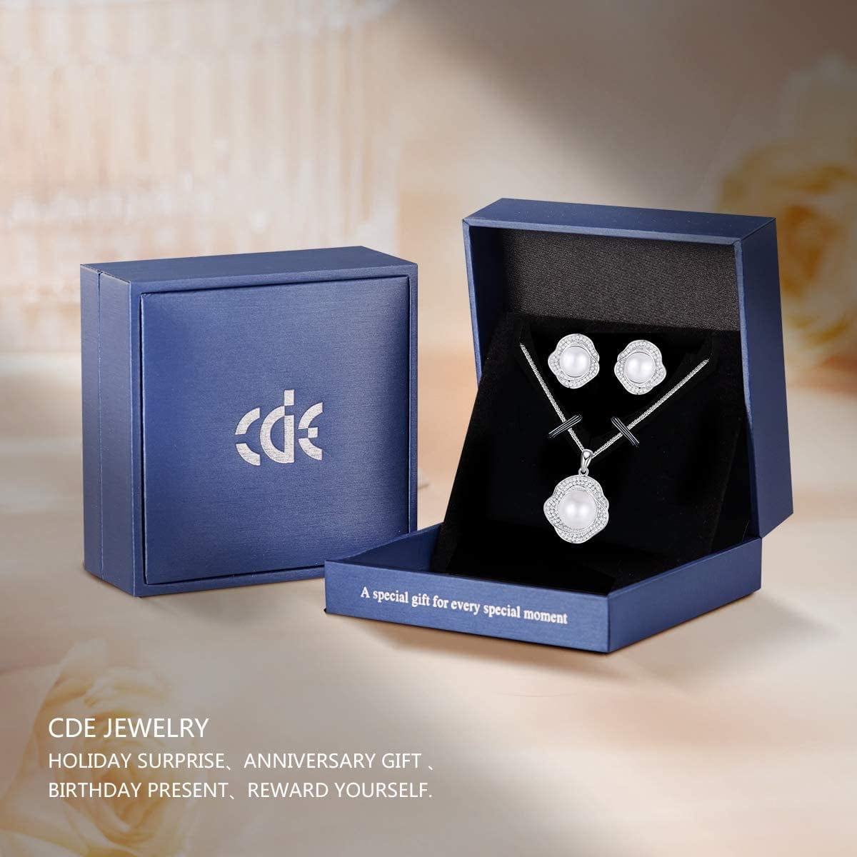 Freshwater Pearl Jewelry Set for Wedding Anniversary 925 Sterling Silver Rose-Shaped Pearl Necklace and Earring with Cubic Zirconia Valentine'S Day Jewelry Gift Birthday Gift for Mom Women Wife Girls Her