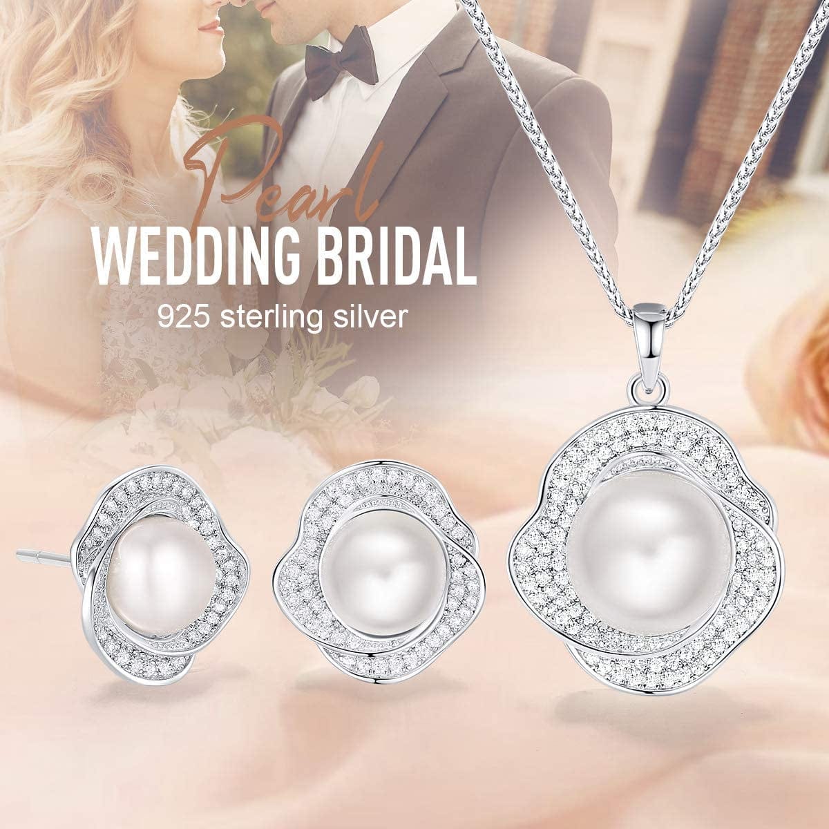 Freshwater Pearl Jewelry Set for Wedding Anniversary 925 Sterling Silver Rose-Shaped Pearl Necklace and Earring with Cubic Zirconia Valentine'S Day Jewelry Gift Birthday Gift for Mom Women Wife Girls Her