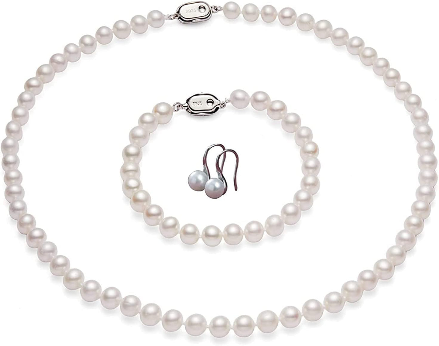 Freshwater Pearl Strand Necklace Set Include Bracelet and Dangle Earrings in Leather Gift Box for Women 7.0-8.0mm