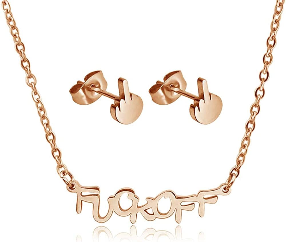 Fuck off Pendant Necklace Middle Finger Ear Stud Jewelry Set Rose Gold Stainless steel Necklace + Earrings