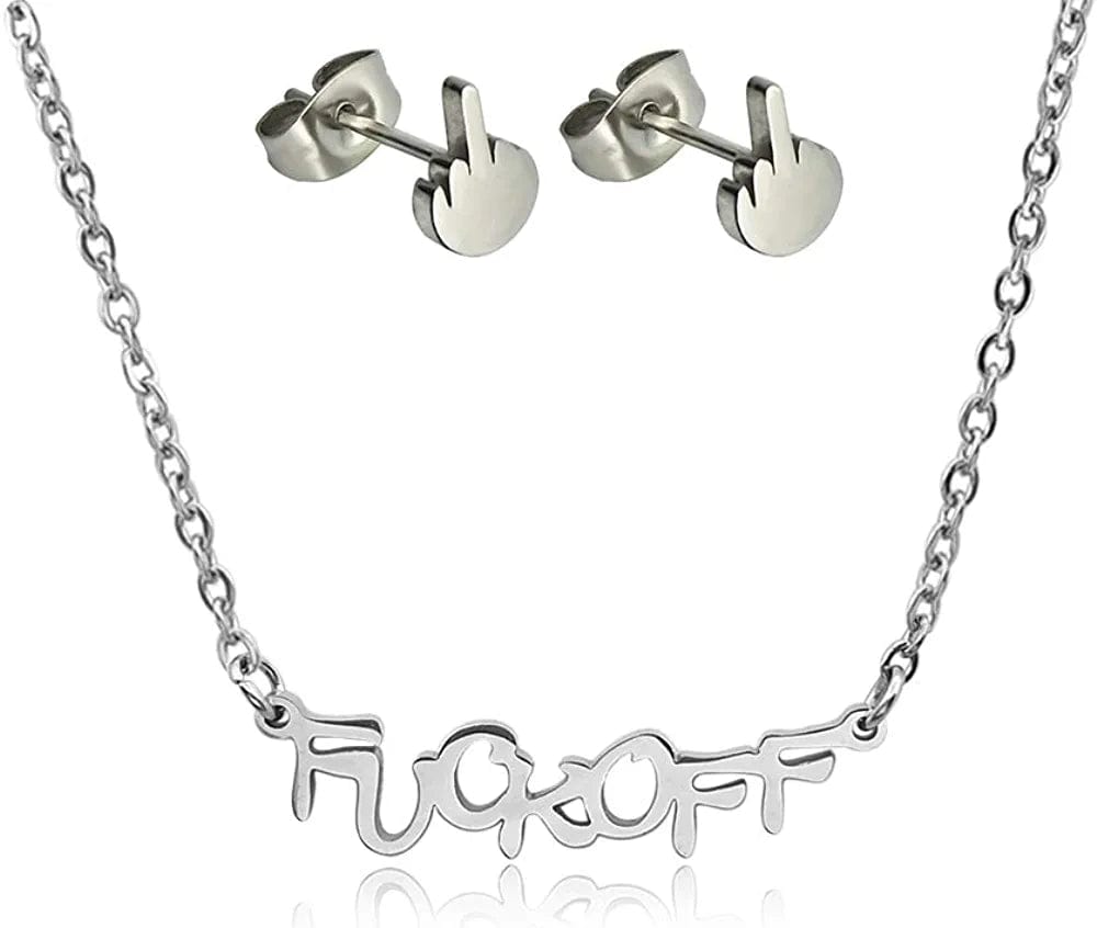 Fuck off Pendant Necklace Middle Finger Ear Stud Jewelry Set Stainless steel Necklace + Earrings