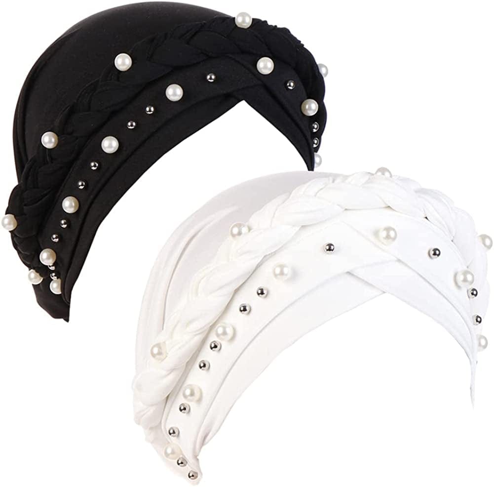 Fxhixiy Women Hijab Beading Pearl Braid Turban Hat Head Scarf Cancer Chemo Beanies Bandana Headwrap Cap Apparel & Accessories > Clothing Accessories > Headwear Fxhixiy Black/White