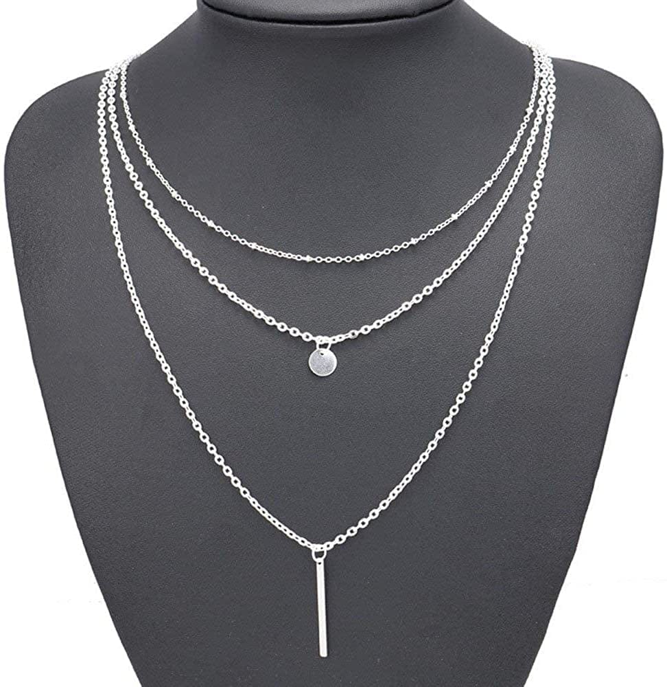 Fxmimior Multilayer Necklace 3 Tier Pendant Long Chain Women Accessories(Silver)