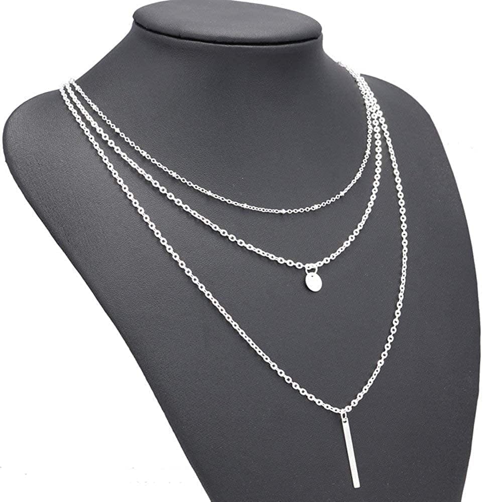 Fxmimior Multilayer Necklace 3 Tier Pendant Long Chain Women Accessories(Silver)