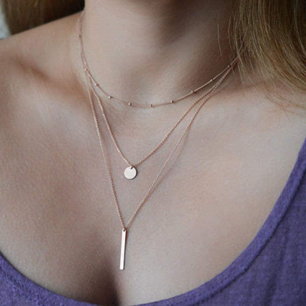 Fxmimior Multilayer Necklace 3 Tier Pendant Long Chain Women Accessories(Silver)