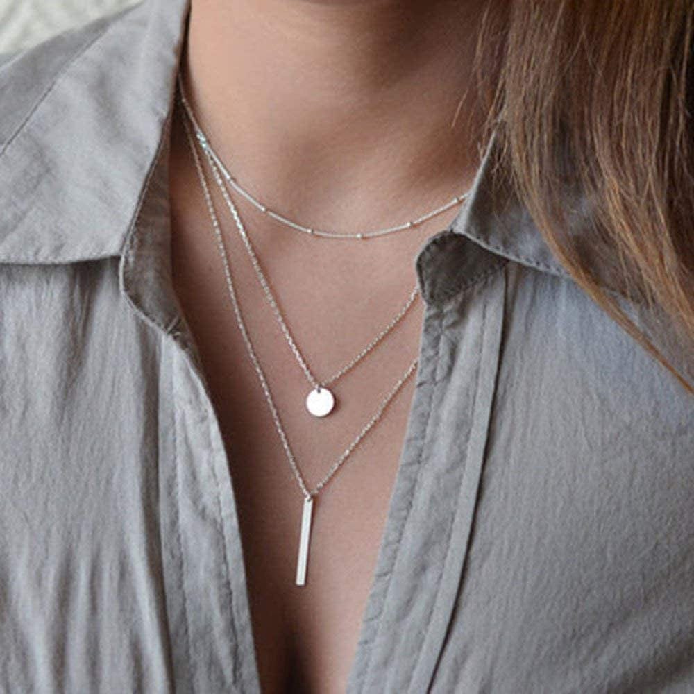 Fxmimior Multilayer Necklace 3 Tier Pendant Long Chain Women Accessories(Silver)