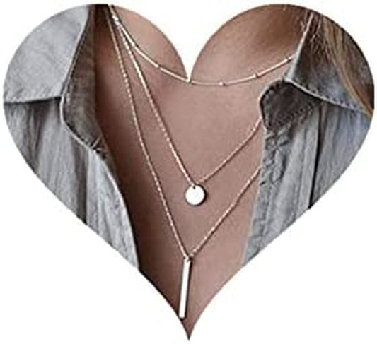 Fxmimior Multilayer Necklace 3 Tier Pendant Long Chain Women Accessories(Silver)