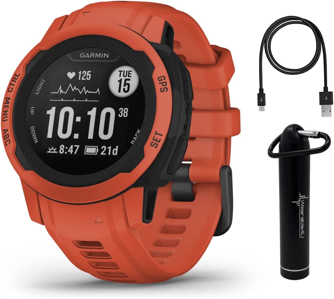 Garmin Instinct 2S GPS Smaller-Sized Rugged Outdoor Smartwatch, Graphite with Corning Gorilla Glass, Multi-Gnss Support Power Bundle Poppy / Instinct 2S