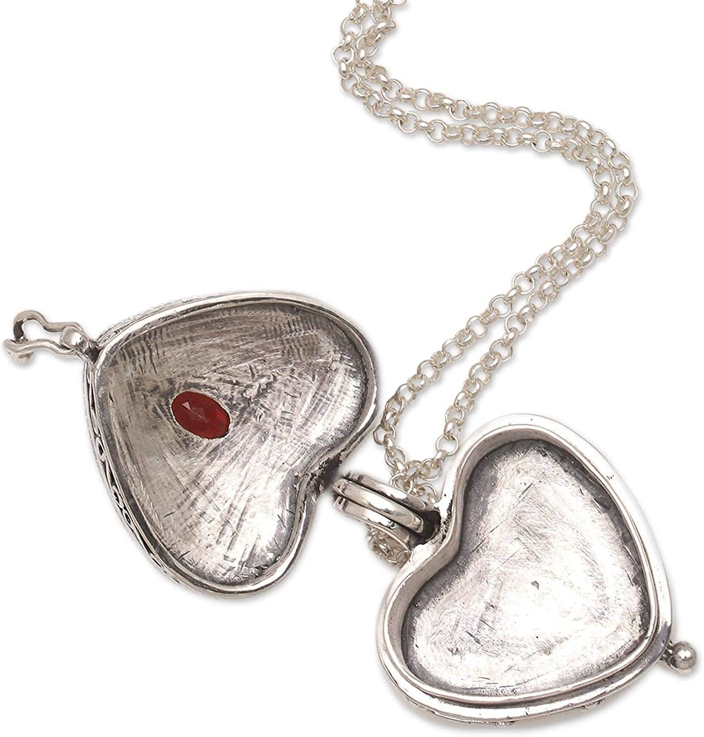 Garnet .925 Sterling Silver Filigree Heart Shaped Locket Pendant Necklace, 20", Always in My Heart'