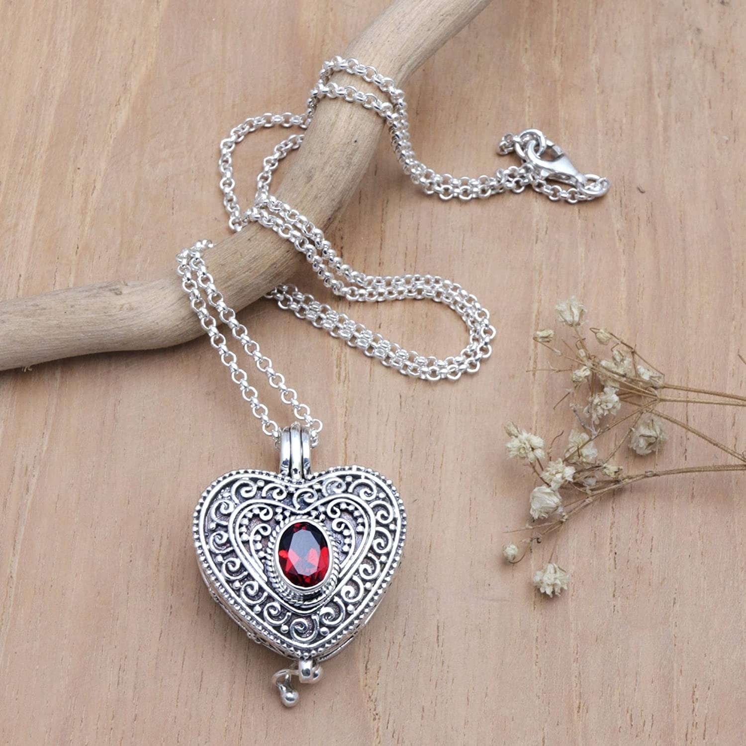 Garnet .925 Sterling Silver Filigree Heart Shaped Locket Pendant Necklace, 20", Always in My Heart'