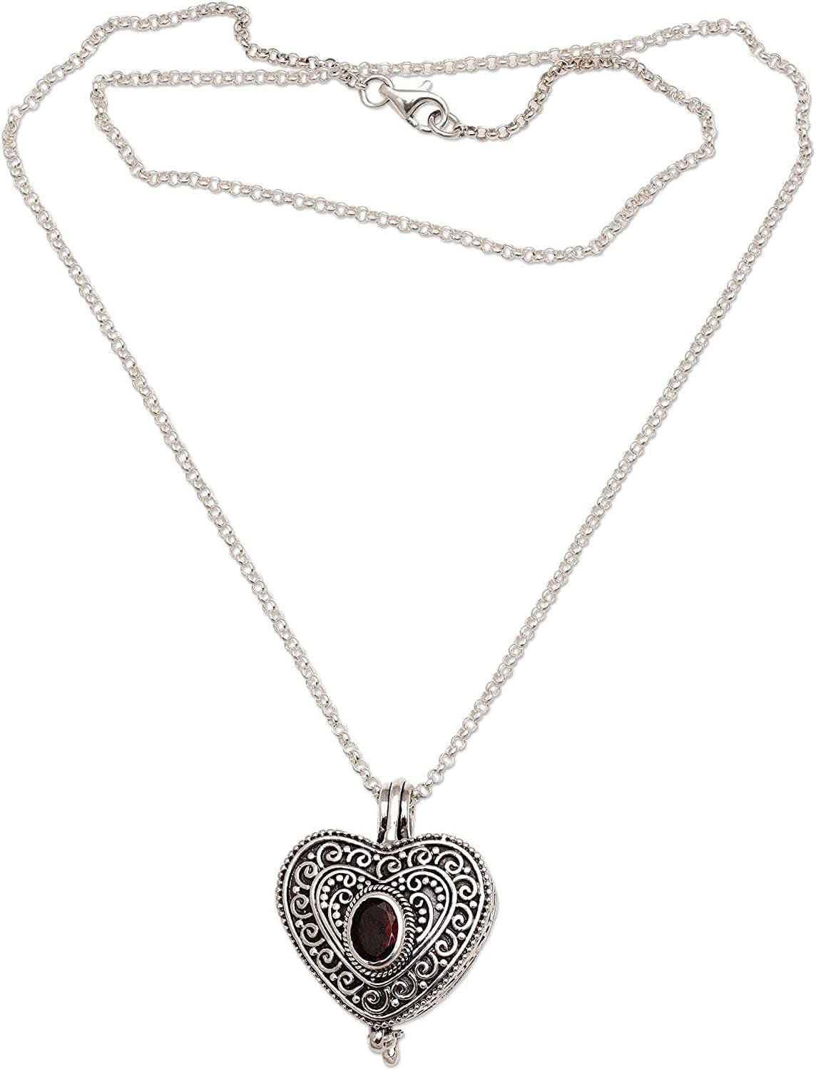 Garnet .925 Sterling Silver Filigree Heart Shaped Locket Pendant Necklace, 20", Always in My Heart'