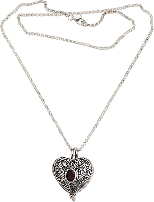 Garnet .925 Sterling Silver Filigree Heart Shaped Locket Pendant Necklace, 20", Always in My Heart'