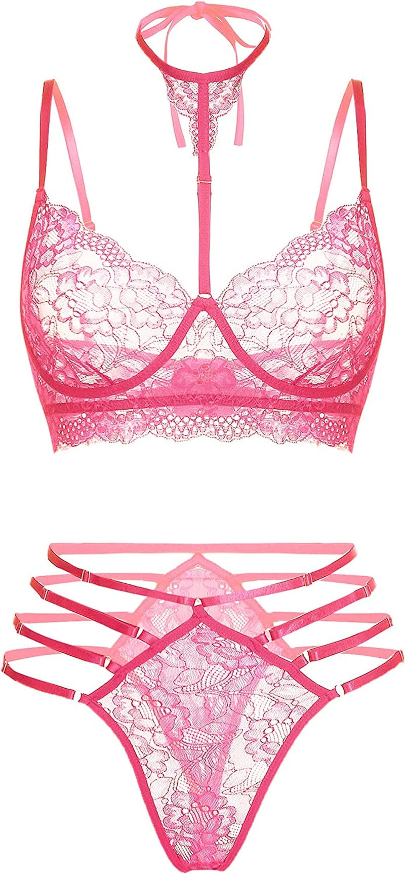 GEESENSS Lingerie Set for Women Lace Babydoll 2 Piece Adjustable Bra and Panty Sets Hot Pink / Small