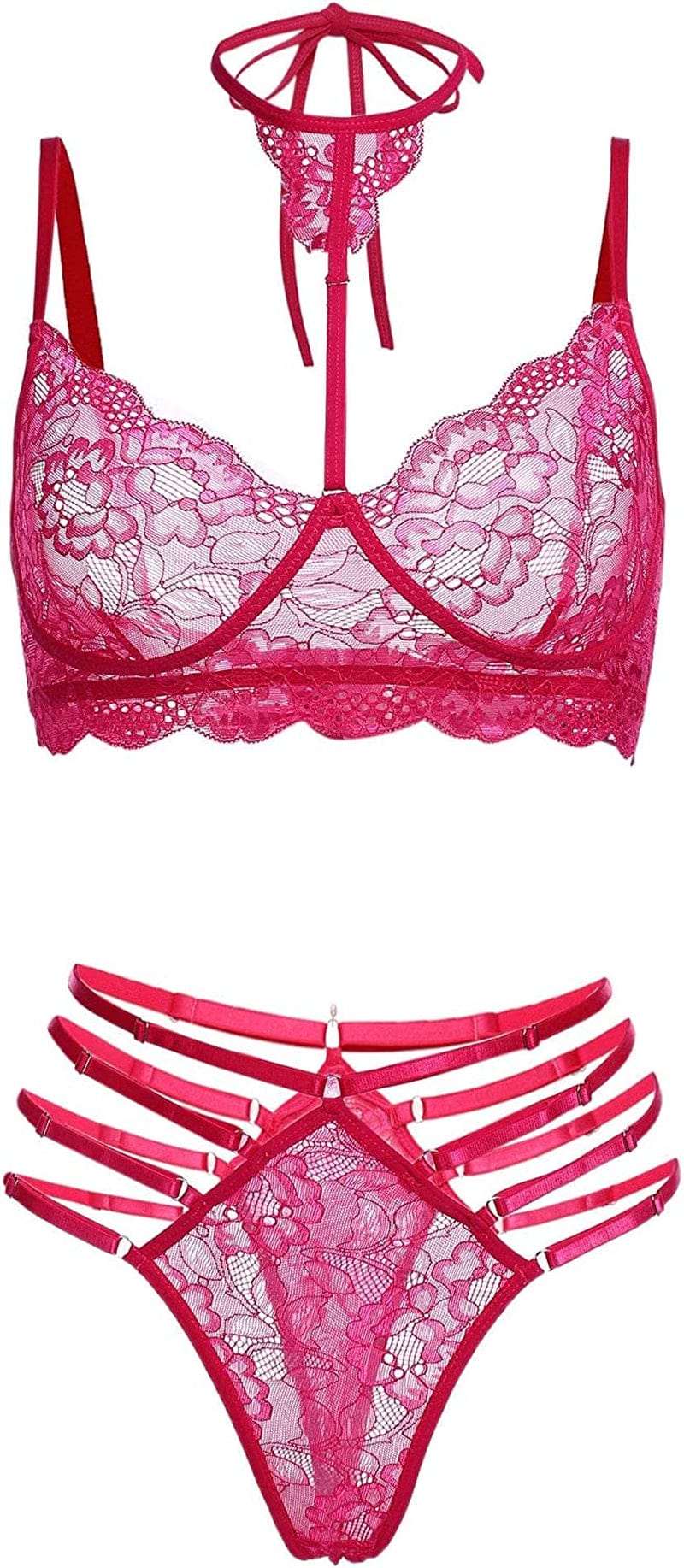GEESENSS Lingerie Set for Women Lace Babydoll 2 Piece Adjustable Bra and Panty Sets Rose Red / XX-Large