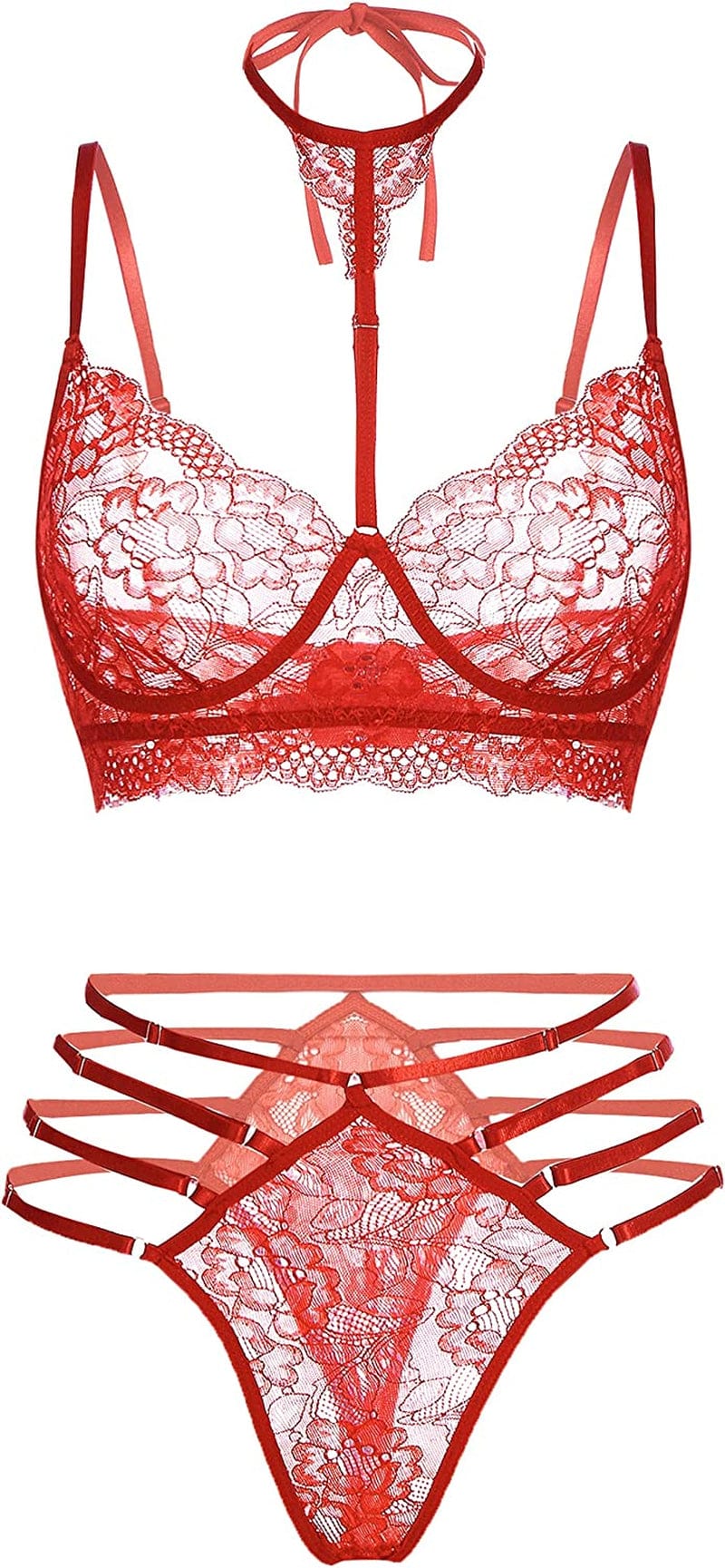 GEESENSS Lingerie Set for Women Lace Babydoll 2 Piece Adjustable Bra and Panty Sets Red / X-Large