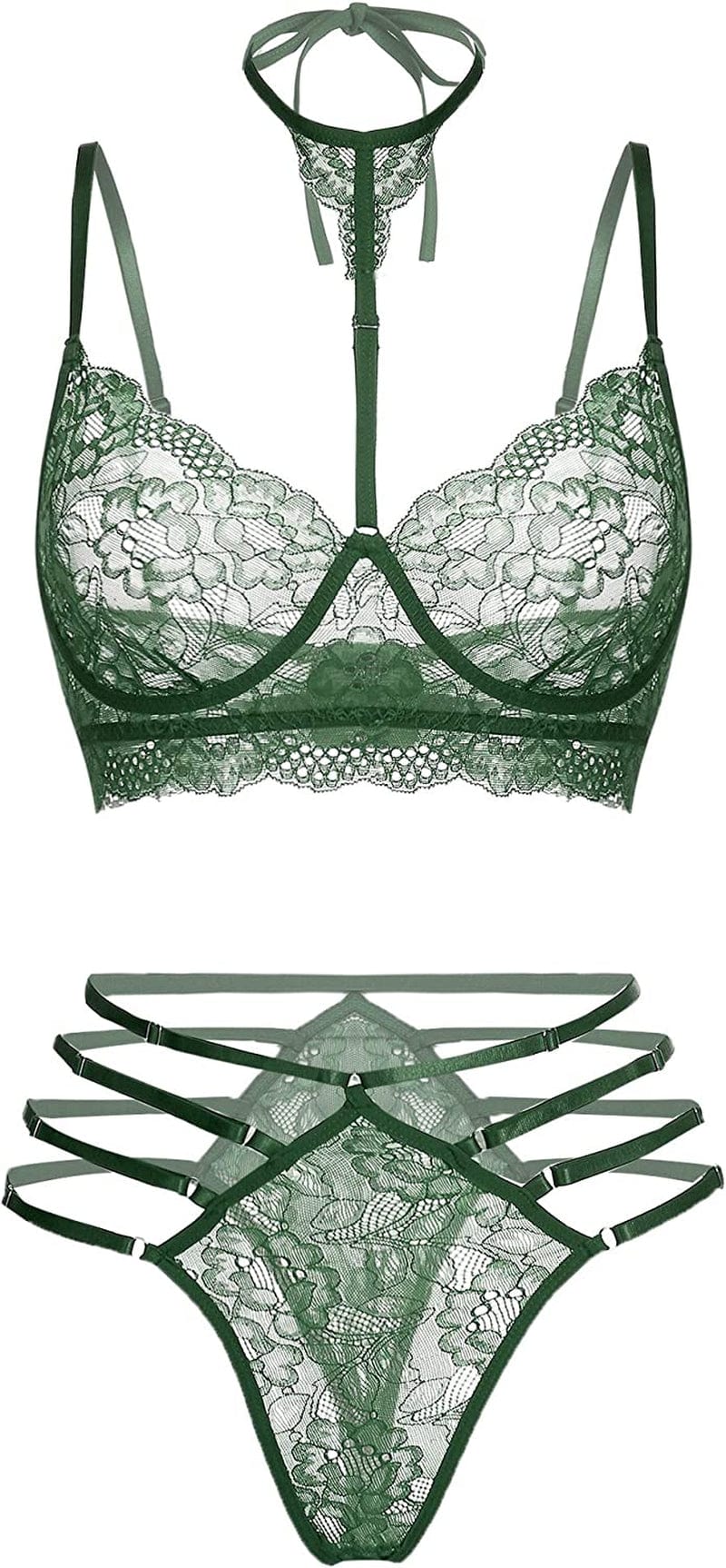 GEESENSS Lingerie Set for Women Lace Babydoll 2 Piece Adjustable Bra and Panty Sets Dark Green / X-Large