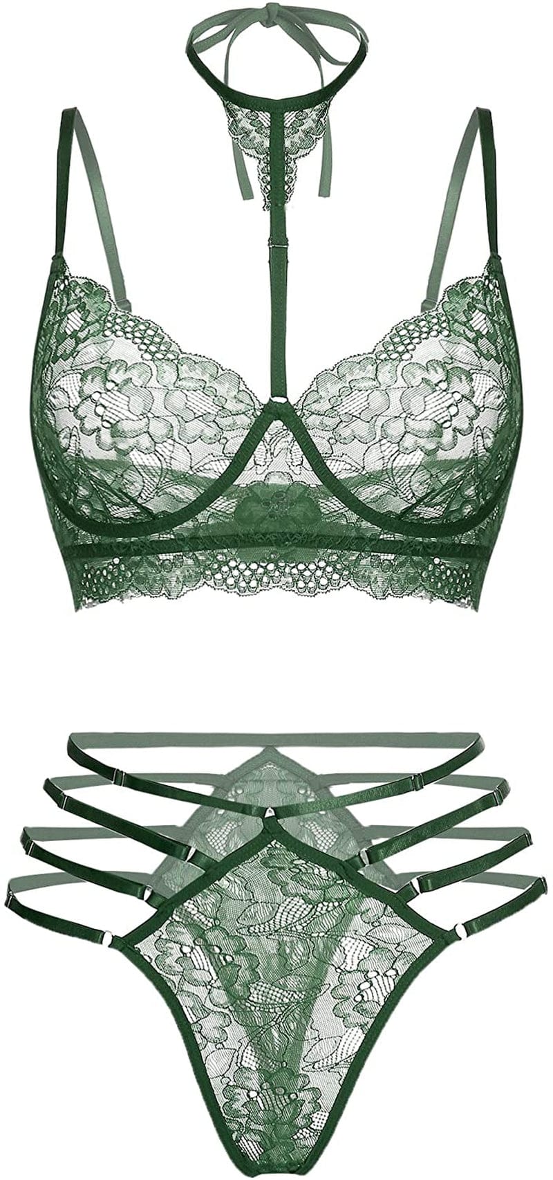 GEESENSS Lingerie Set for Women Lace Babydoll 2 Piece Adjustable Bra and Panty Sets Dark Green / Small