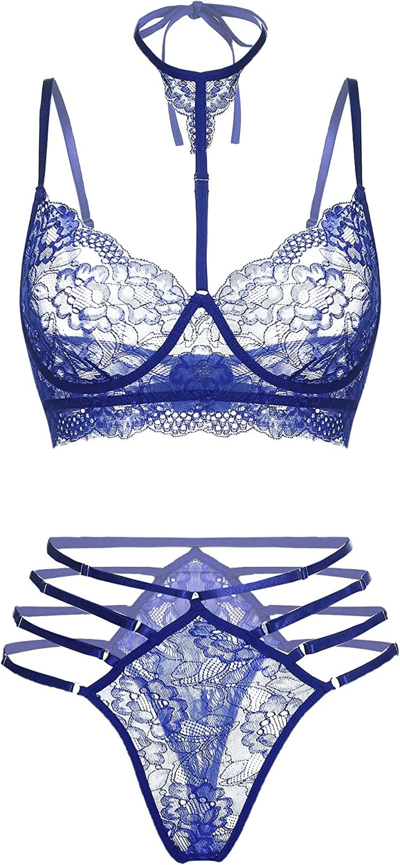 GEESENSS Lingerie Set for Women Lace Babydoll 2 Piece Adjustable Bra and Panty Sets Sapphire Blue / X-Large