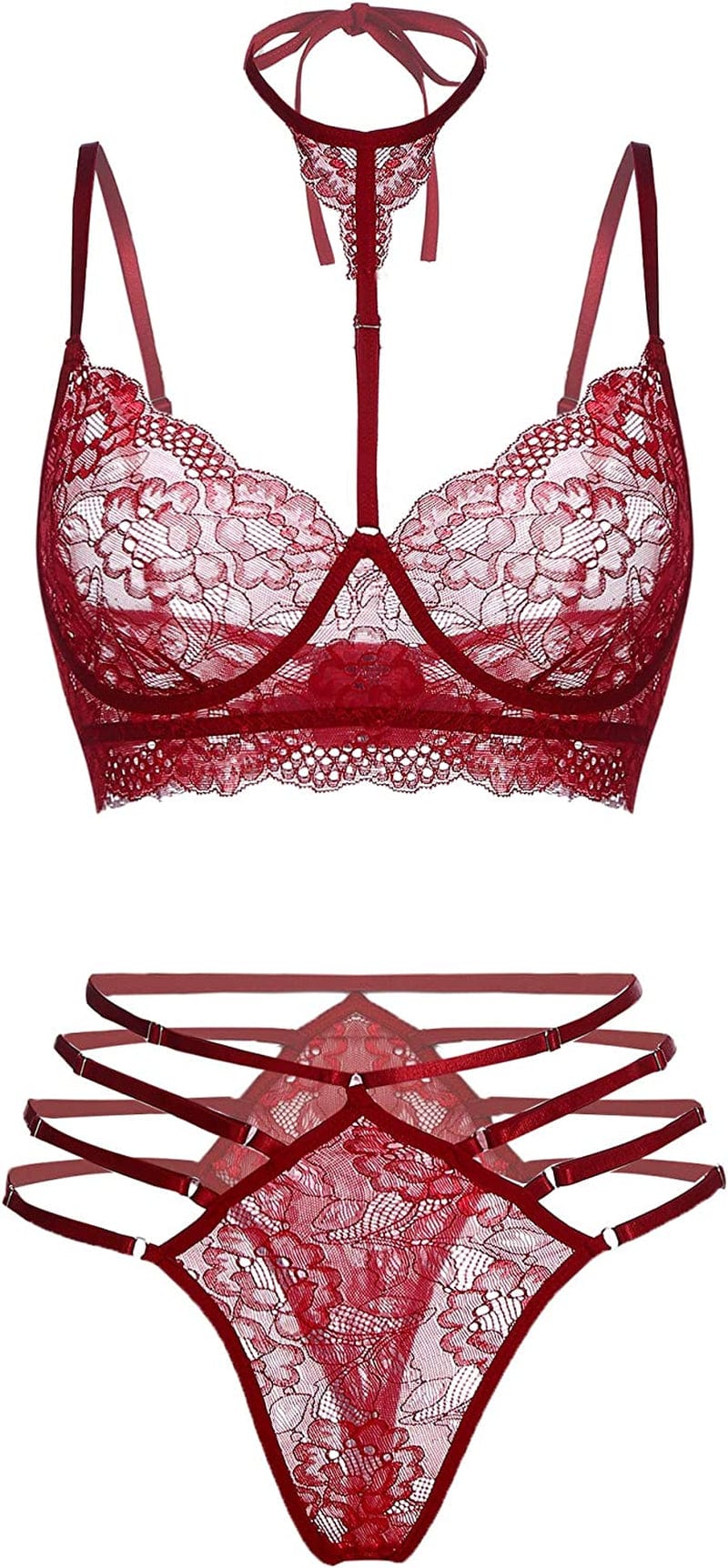 GEESENSS Lingerie Set for Women Lace Babydoll 2 Piece Adjustable Bra and Panty Sets Wine Red / Small