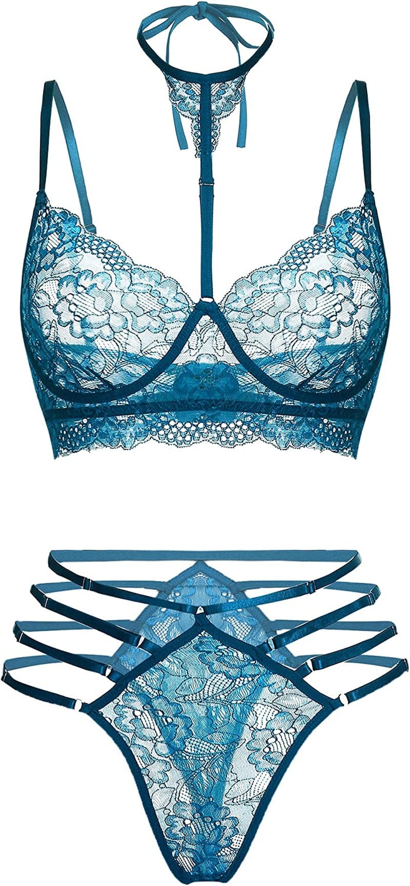 GEESENSS Lingerie Set for Women Lace Babydoll 2 Piece Adjustable Bra and Panty Sets Peacok Blue / Small