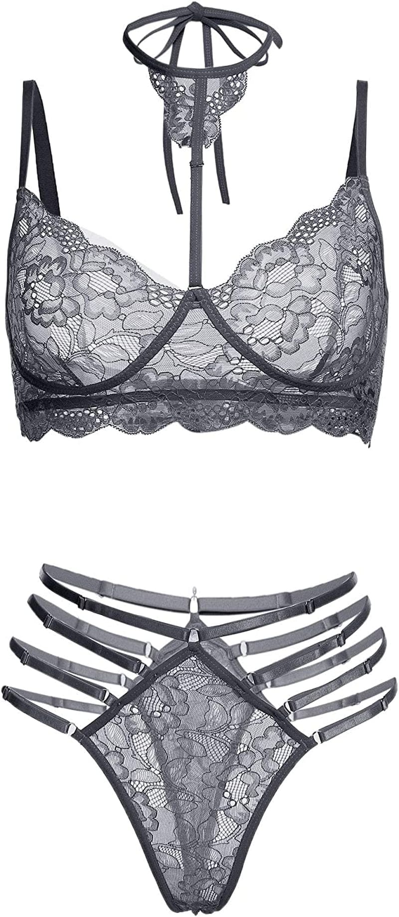 GEESENSS Lingerie Set for Women Lace Babydoll 2 Piece Adjustable Bra and Panty Sets Dark Gray / Small