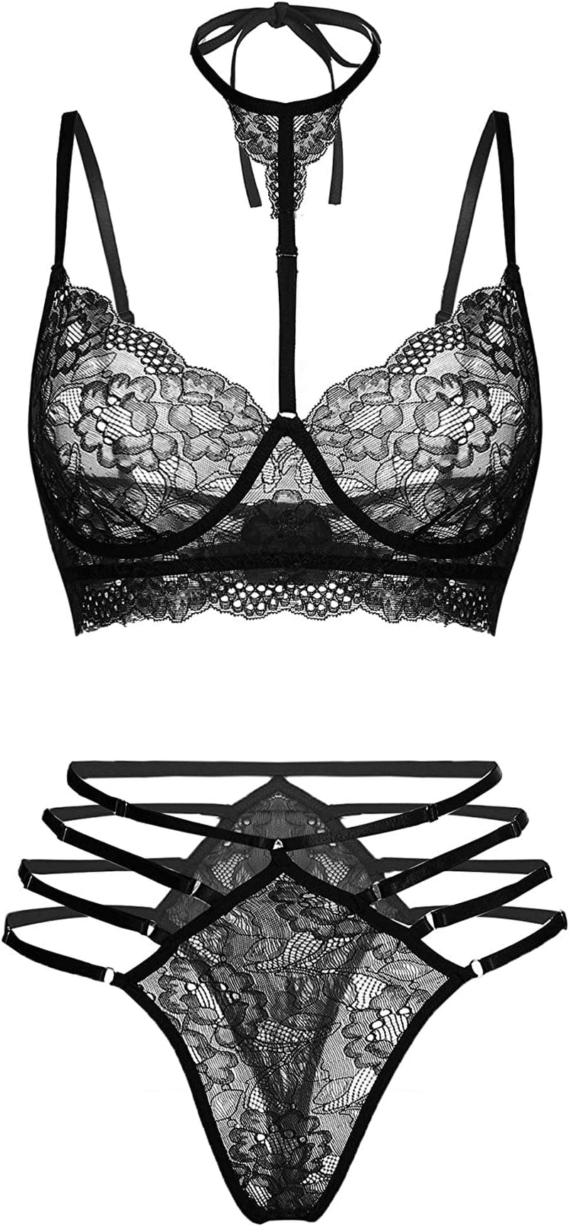 GEESENSS Lingerie Set for Women Lace Babydoll 2 Piece Adjustable Bra and Panty Sets Black / Small