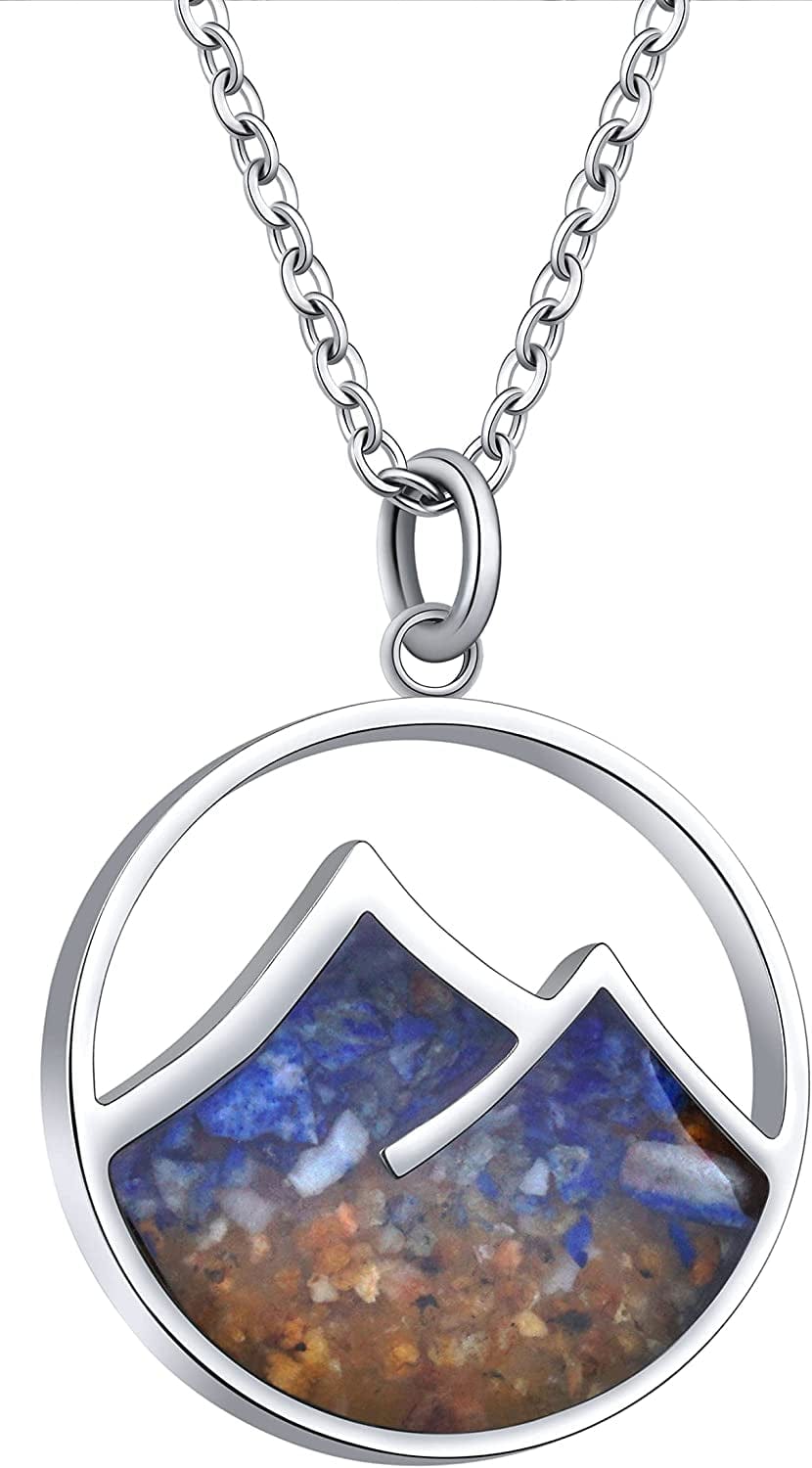 Gemstone Mountain Necklace for Women Turquoise Sodalite Tumbled Chips Pendant Necklace Dainty Circle Mountain Range Necklaces for Women Girls Nature Jewelry Gift Mountain Style A-Blue Sodalite+Gold Sand