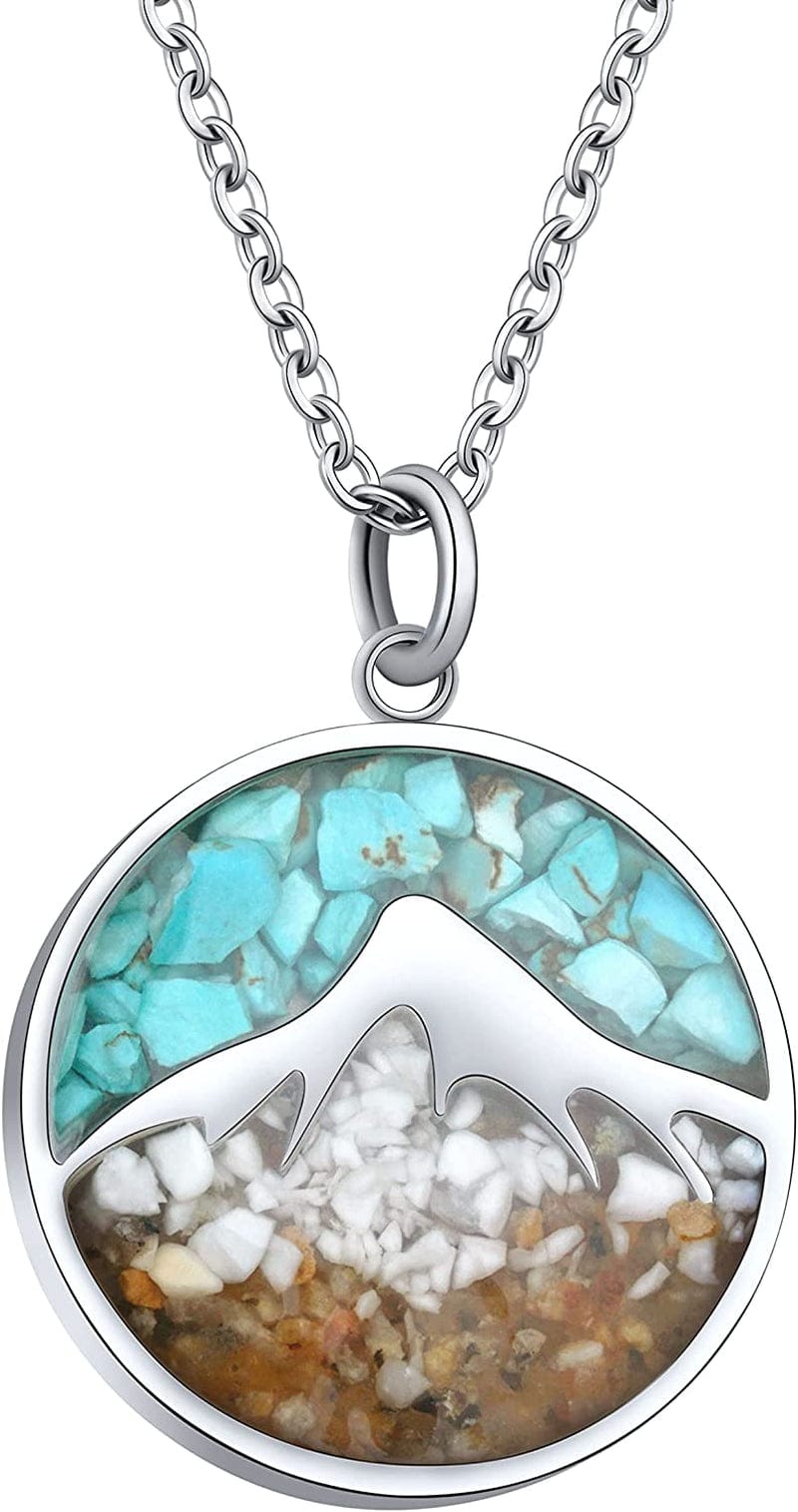 Gemstone Mountain Necklace for Women Turquoise Sodalite Tumbled Chips Pendant Necklace Dainty Circle Mountain Range Necklaces for Women Girls Nature Jewelry Gift Mountain Style B-Turquoise+White Howlite+Mixed Sand