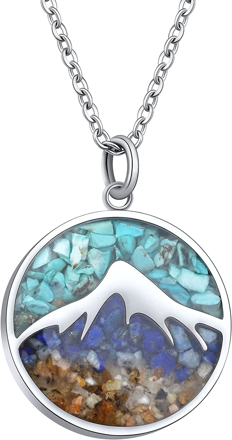 Gemstone Mountain Necklace for Women Turquoise Sodalite Tumbled Chips Pendant Necklace Dainty Circle Mountain Range Necklaces for Women Girls Nature Jewelry Gift Mountain Style B-Turquoise+Blue Sodalite+Mixed Sand