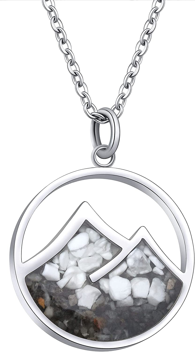 Gemstone Mountain Necklace for Women Turquoise Sodalite Tumbled Chips Pendant Necklace Dainty Circle Mountain Range Necklaces for Women Girls Nature Jewelry Gift Mountain Style A-White Howlite+Grey Sand