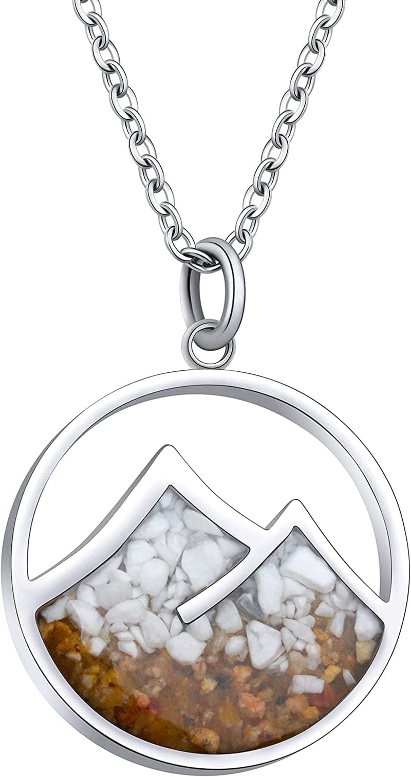 Gemstone Mountain Necklace for Women Turquoise Sodalite Tumbled Chips Pendant Necklace Dainty Circle Mountain Range Necklaces for Women Girls Nature Jewelry Gift Mountain Style A-White Howlite+Gold Sand
