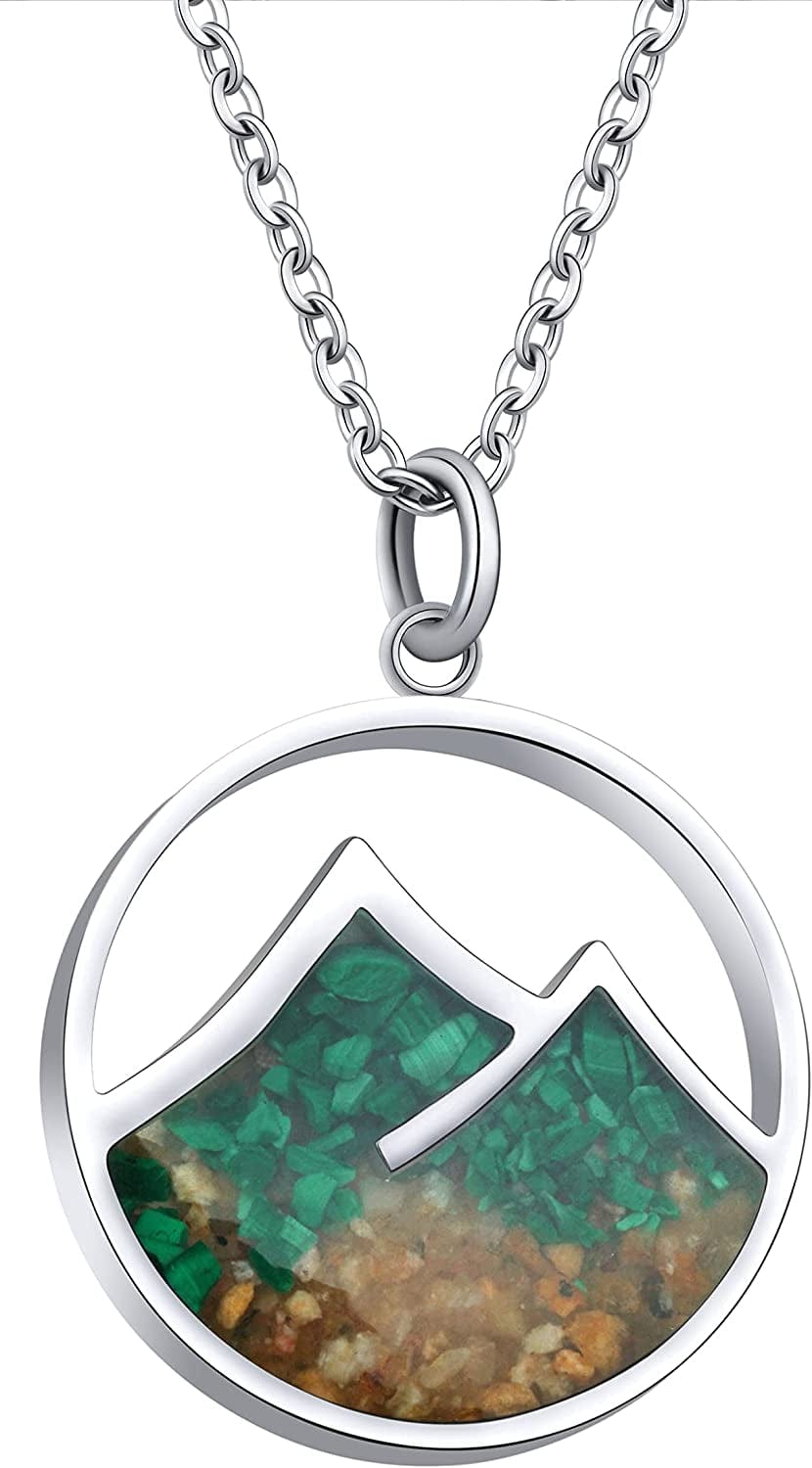 Gemstone Mountain Necklace for Women Turquoise Sodalite Tumbled Chips Pendant Necklace Dainty Circle Mountain Range Necklaces for Women Girls Nature Jewelry Gift Mountain Style A-Malachite+Gold Sand