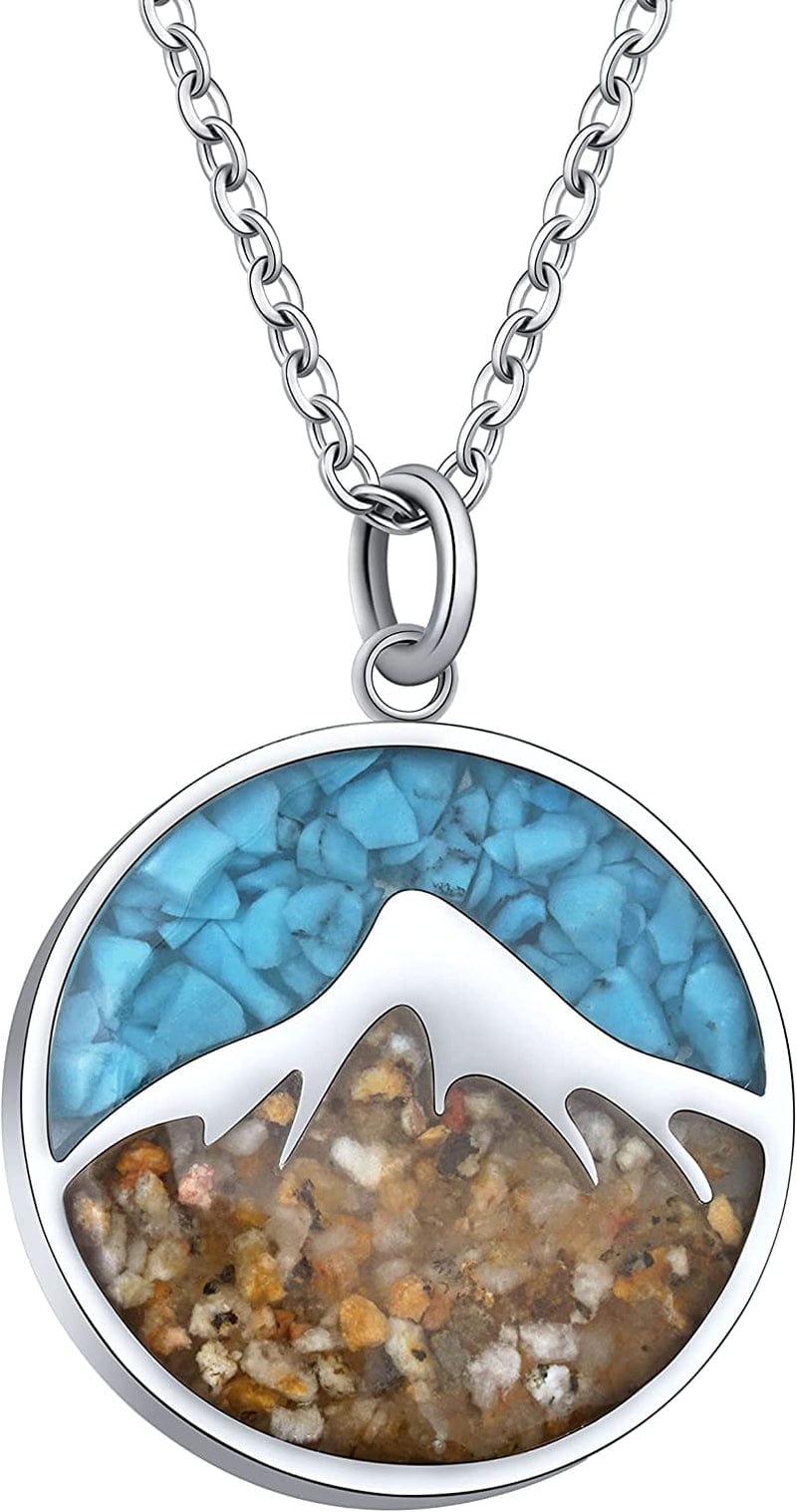 Gemstone Mountain Necklace for Women Turquoise Sodalite Tumbled Chips Pendant Necklace Dainty Circle Mountain Range Necklaces for Women Girls Nature Jewelry Gift Mountain Style B-Blue Turquoise+Mixed Sand