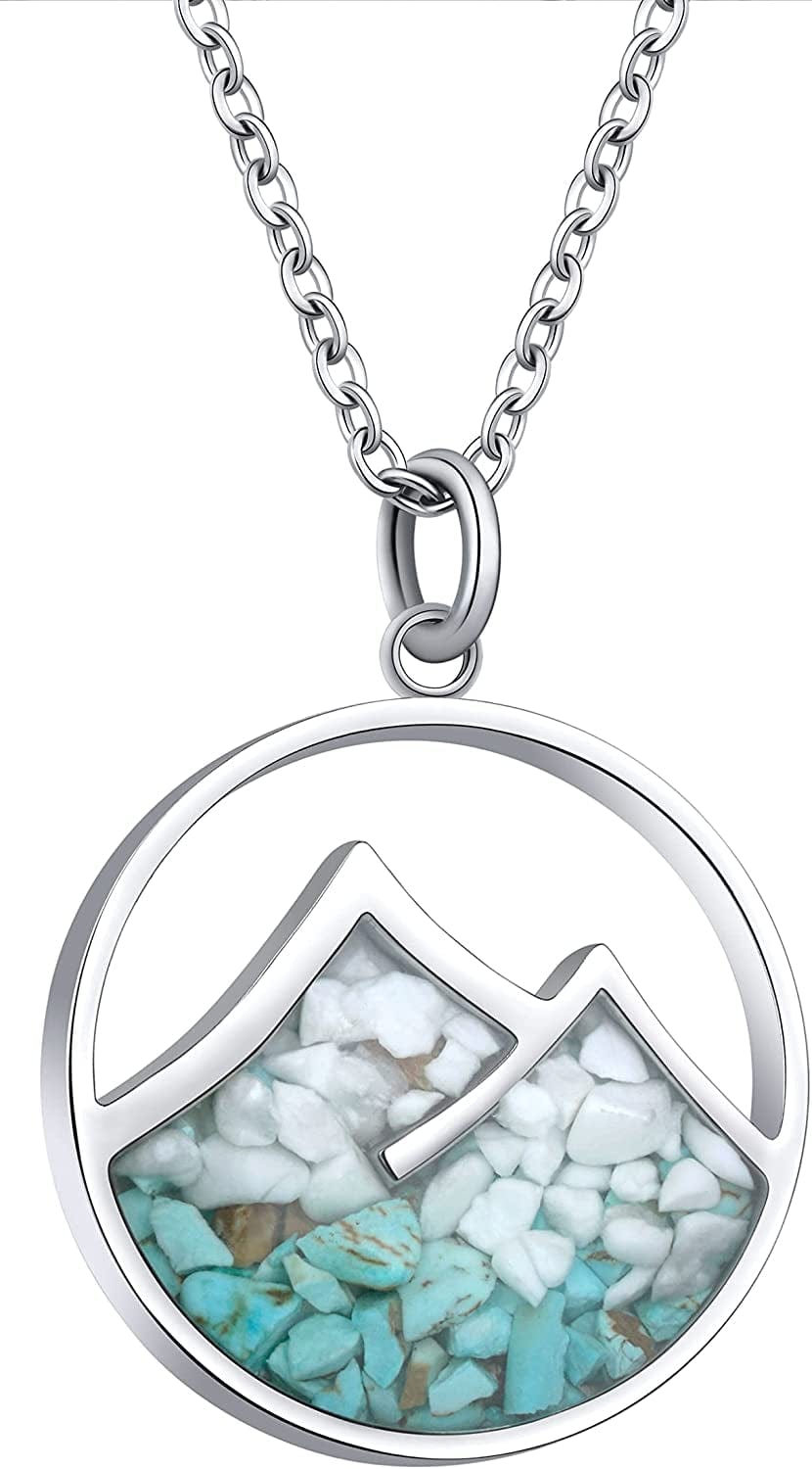 Gemstone Mountain Necklace for Women Turquoise Sodalite Tumbled Chips Pendant Necklace Dainty Circle Mountain Range Necklaces for Women Girls Nature Jewelry Gift Mountain Style A-White Howlite+Turquoise