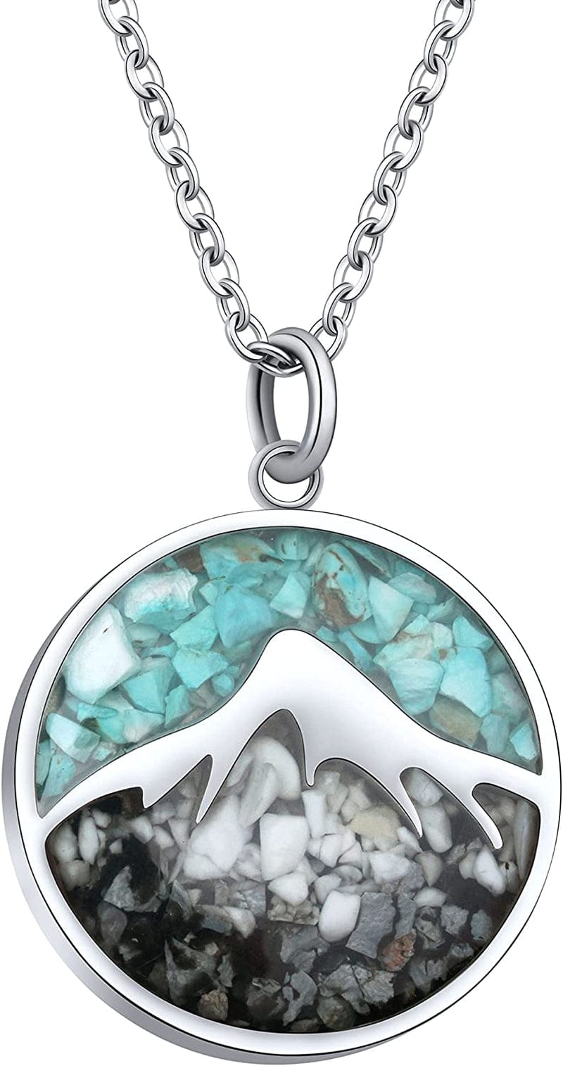 Gemstone Mountain Necklace for Women Turquoise Sodalite Tumbled Chips Pendant Necklace Dainty Circle Mountain Range Necklaces for Women Girls Nature Jewelry Gift Mountain Style B-Turquoise+White Howlite+Snowflake Obsidian