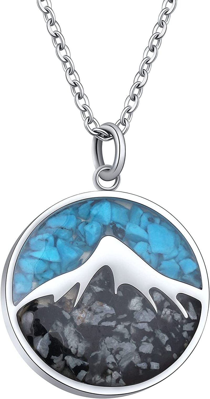 Gemstone Mountain Necklace for Women Turquoise Sodalite Tumbled Chips Pendant Necklace Dainty Circle Mountain Range Necklaces for Women Girls Nature Jewelry Gift Mountain Style B-Blue Turquoise+Snowflake Obsidian