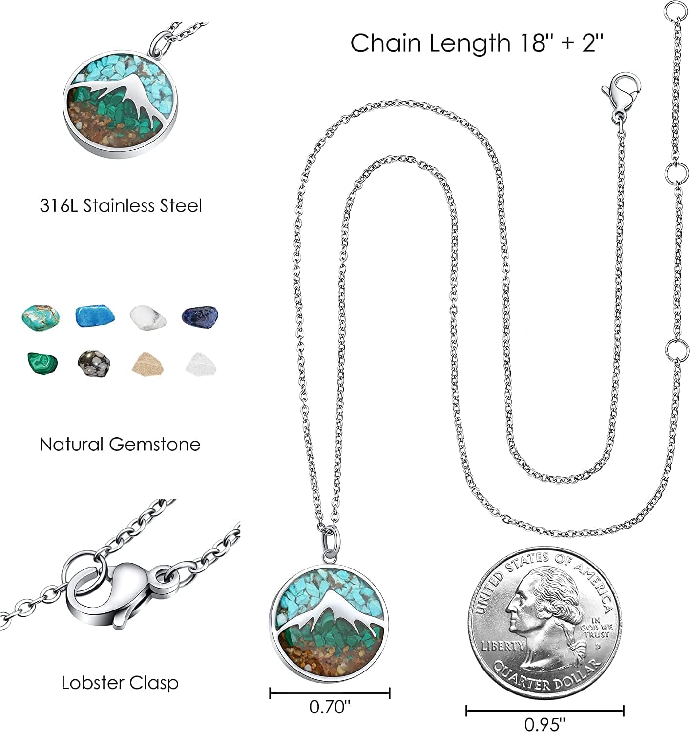Gemstone Mountain Necklace for Women Turquoise Sodalite Tumbled Chips Pendant Necklace Dainty Circle Mountain Range Necklaces for Women Girls Nature Jewelry Gift