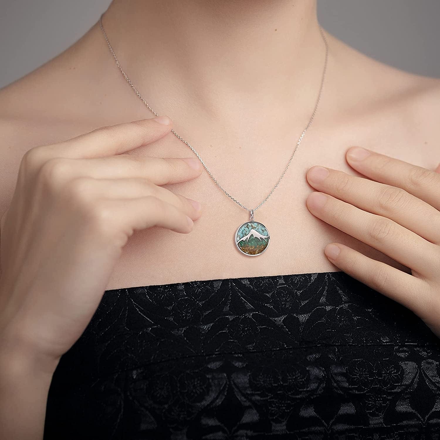 Gemstone Mountain Necklace for Women Turquoise Sodalite Tumbled Chips Pendant Necklace Dainty Circle Mountain Range Necklaces for Women Girls Nature Jewelry Gift