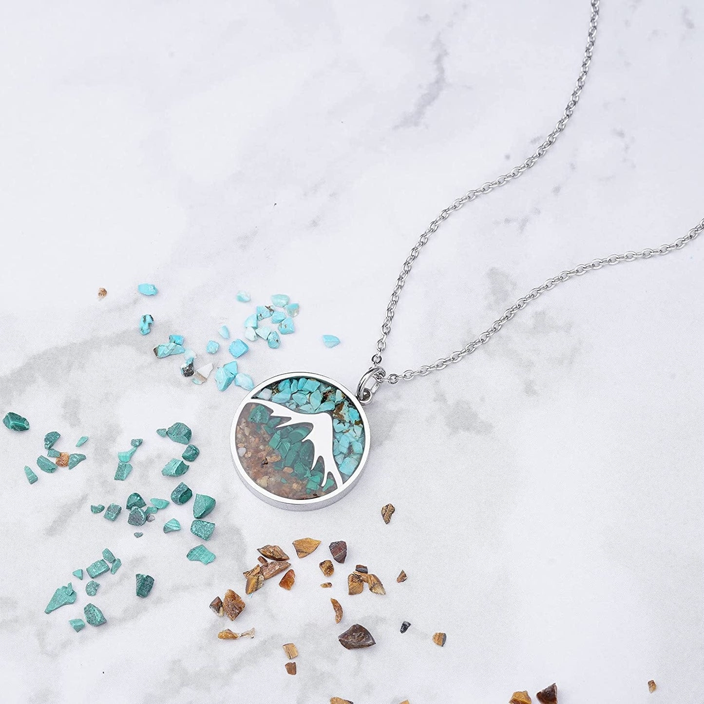 Gemstone Mountain Necklace for Women Turquoise Sodalite Tumbled Chips Pendant Necklace Dainty Circle Mountain Range Necklaces for Women Girls Nature Jewelry Gift