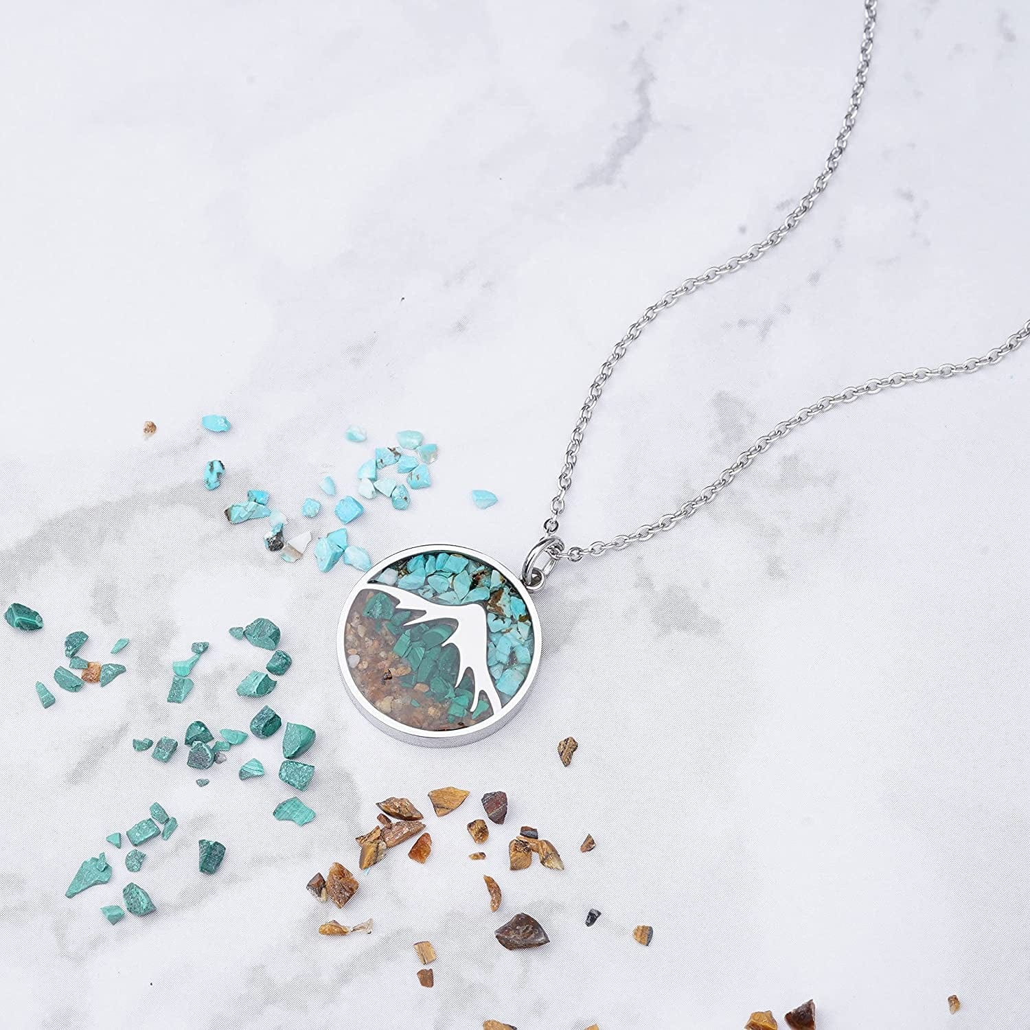 Gemstone Mountain Necklace for Women Turquoise Sodalite Tumbled Chips Pendant Necklace Dainty Circle Mountain Range Necklaces for Women Girls Nature Jewelry Gift