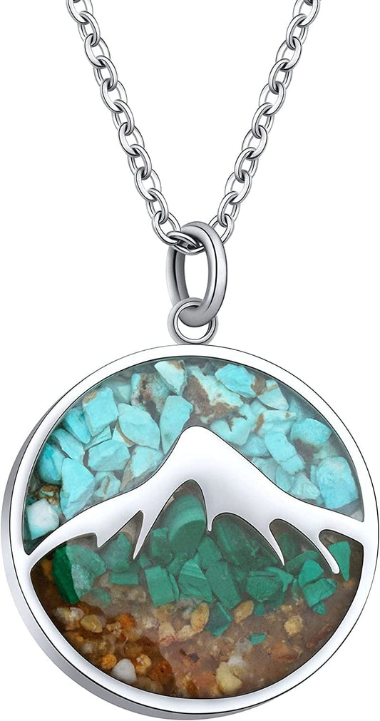 Gemstone Mountain Necklace for Women Turquoise Sodalite Tumbled Chips Pendant Necklace Dainty Circle Mountain Range Necklaces for Women Girls Nature Jewelry Gift Mountain Style B-Turquoise+Malachite+Gold Sand