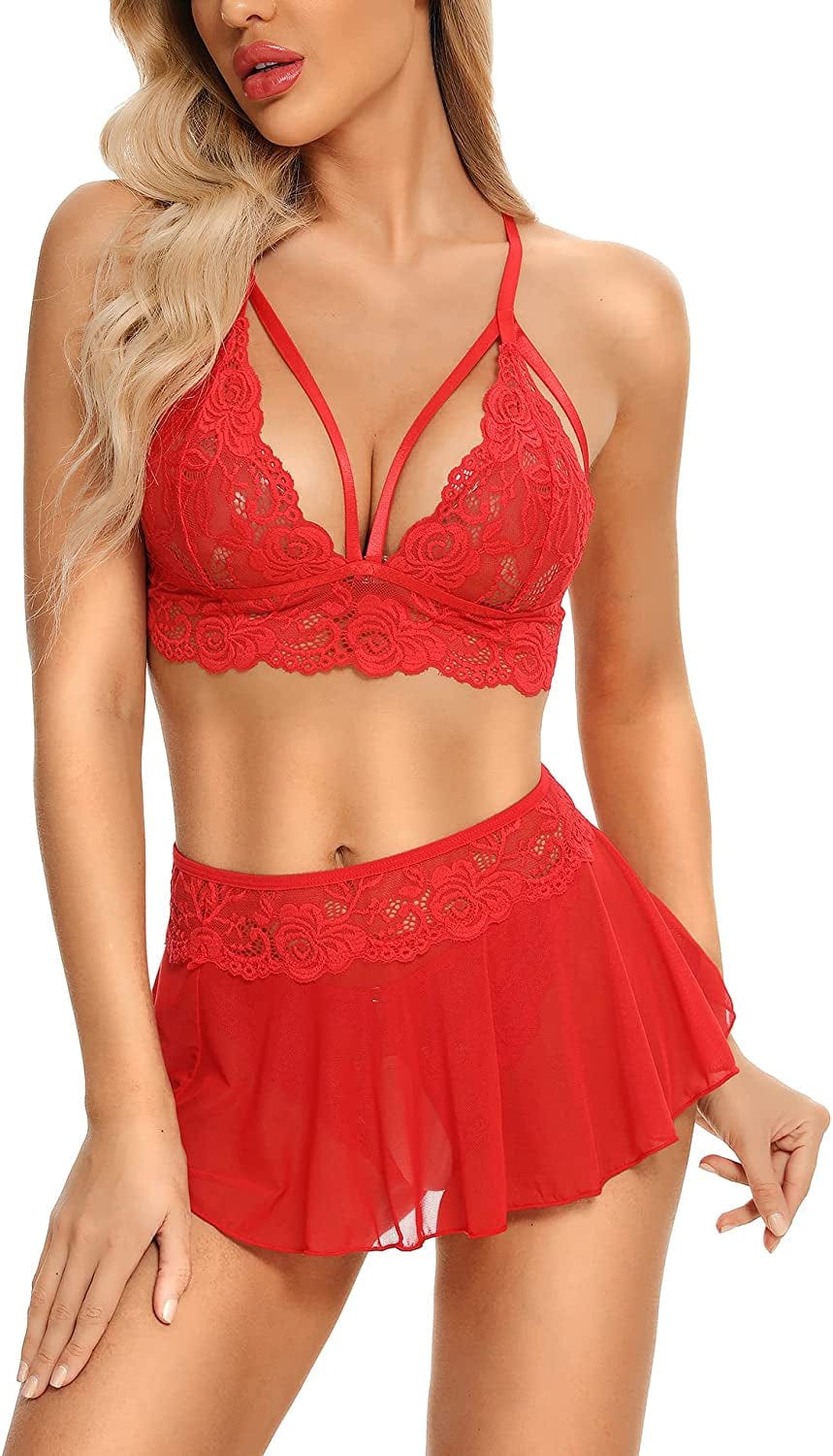 Genhoo Sexy Lingerie Sets for Women Naughty 3 Piece Lace Bralette, Mini Skirt with G-String Teddy Lingerie Babydoll Set Red / Small