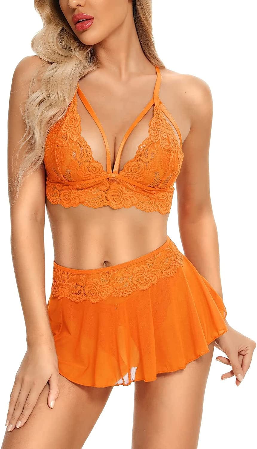 Genhoo Sexy Lingerie Sets for Women Naughty 3 Piece Lace Bralette, Mini Skirt with G-String Teddy Lingerie Babydoll Set Orange / Medium