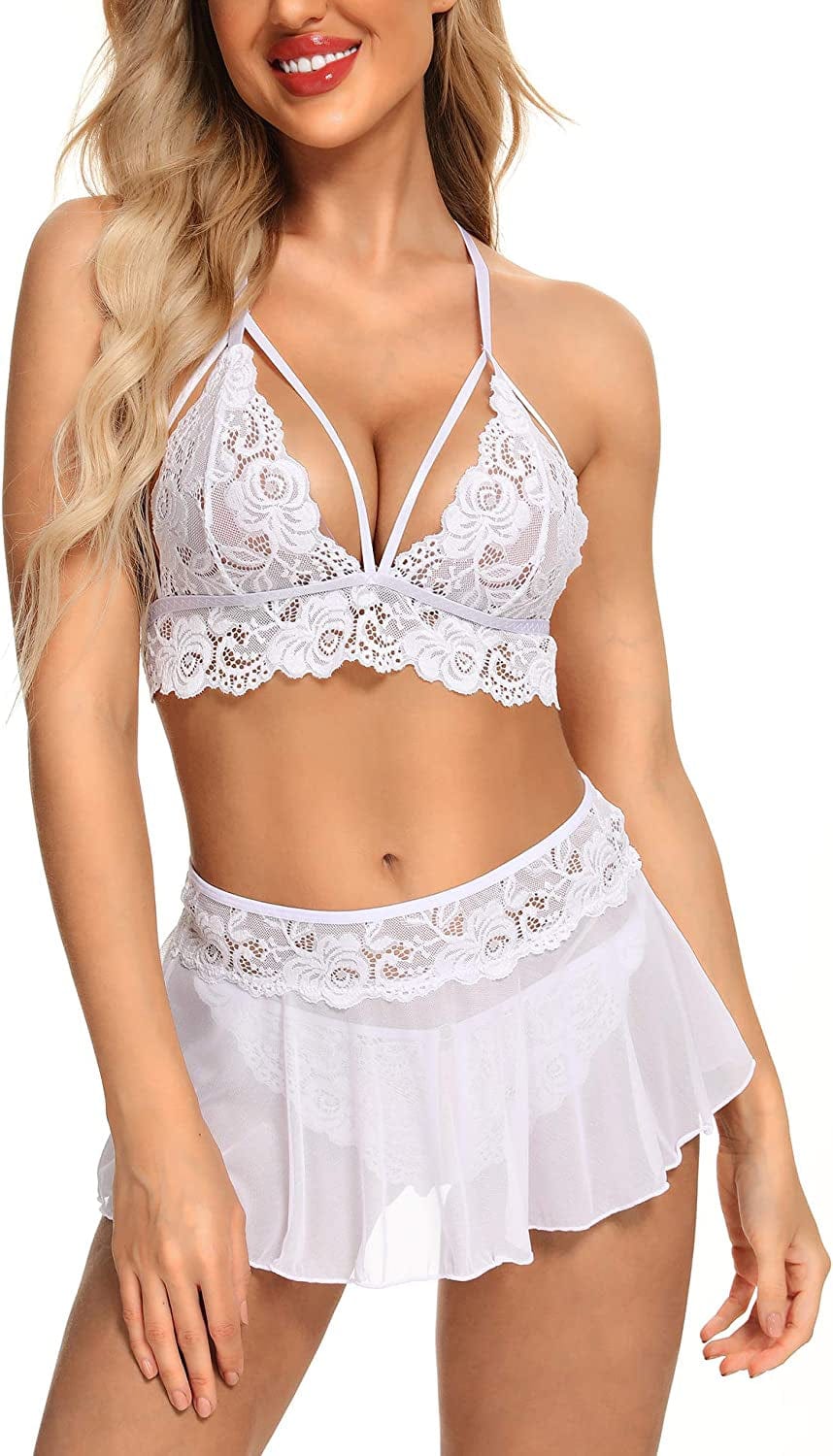 Genhoo Sexy Lingerie Sets for Women Naughty 3 Piece Lace Bralette, Mini Skirt with G-String Teddy Lingerie Babydoll Set White / Medium