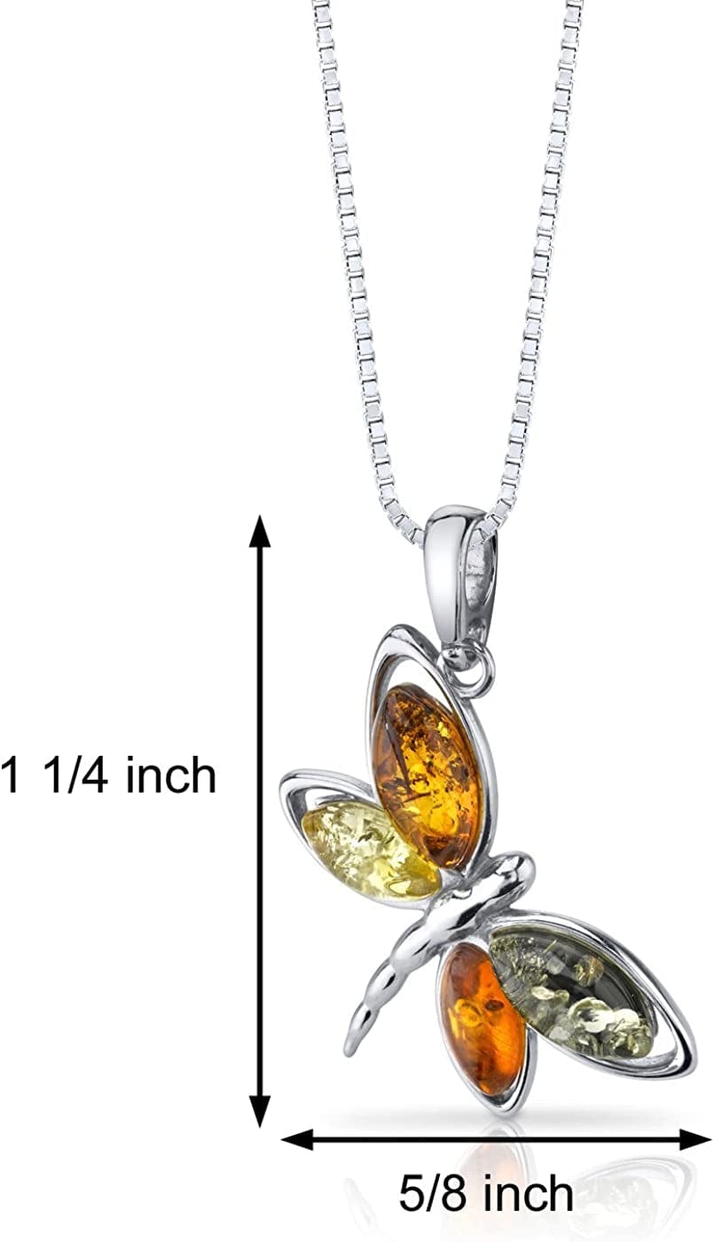 Genuine Baltic Amber Dragonfly Pendant Necklace and Earrings for Women in Sterling Silver, Rich Cognac, Honey and Olive Colors