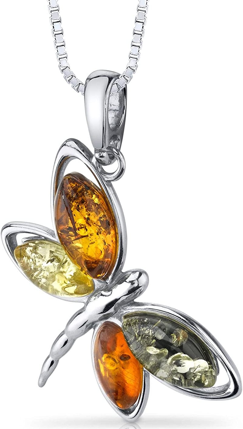 Genuine Baltic Amber Dragonfly Pendant Necklace and Earrings for Women in Sterling Silver, Rich Cognac, Honey and Olive Colors Pendant Necklaces